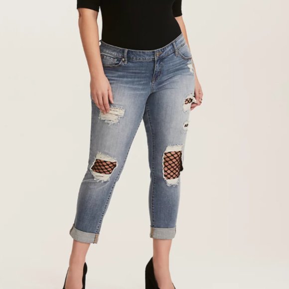 torrid Denim - Torrid Fishnet Distressed Boyfriend Jeans